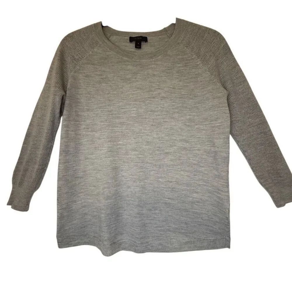 J. Crew Gray Merino Wool Three Quarter Sleeve Sweater Sz S Preppy, Lt Academia